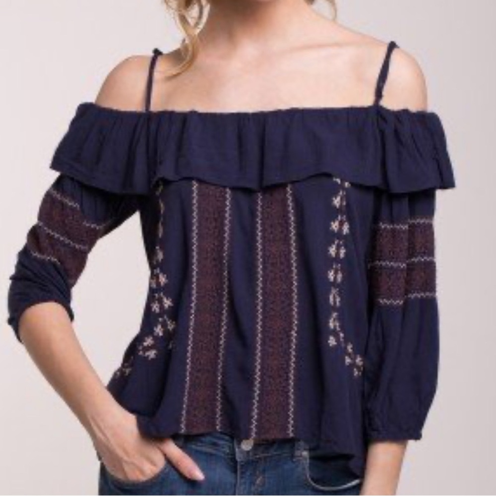 American Eagle Outfitters Dark Blue Embroidered Blouse XS